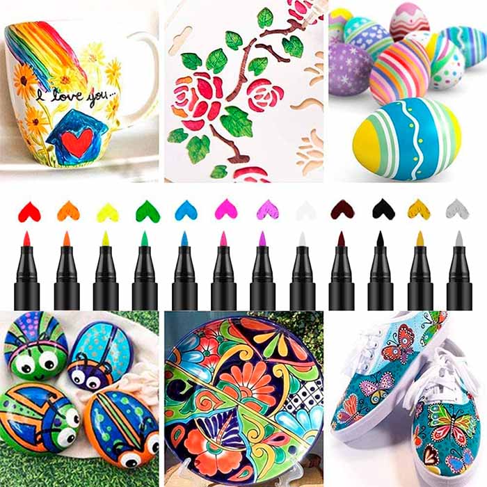 Markerele acrilice sunt perfecte pe o varietate de suprafețe precum hârtie, sticlă, piatră, lemn, ouă, ornamente, cuie, ceramică, țesătură, căni, plastic, lut, metal sau pânză!