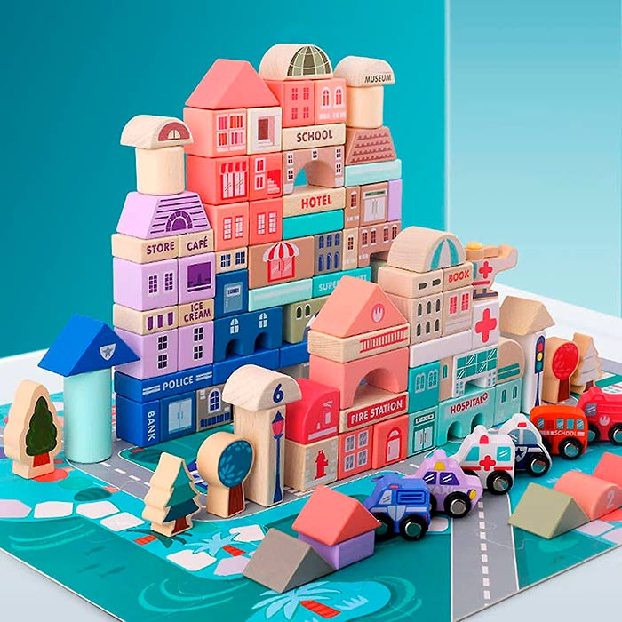 BlockCity, un set de blocuri în diferite forme cu o cutie practică și un covoraș de joacă - Image 4
