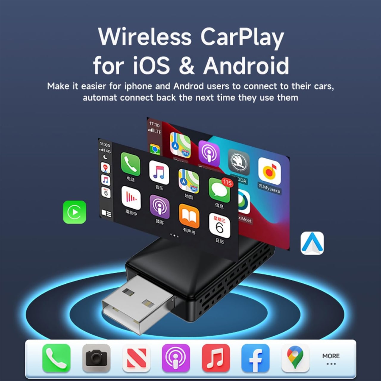 CarPlay, stick USB pentru conectivitate wireless a mașinii cu Apple CarPlay și Android Auto - Image 3