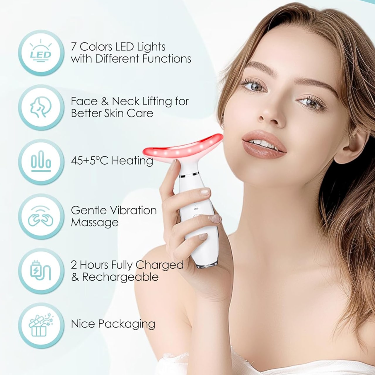 Masajer eficient cu lumini LED care ilustrează 7 funcții/viteze diferite de vibrație.