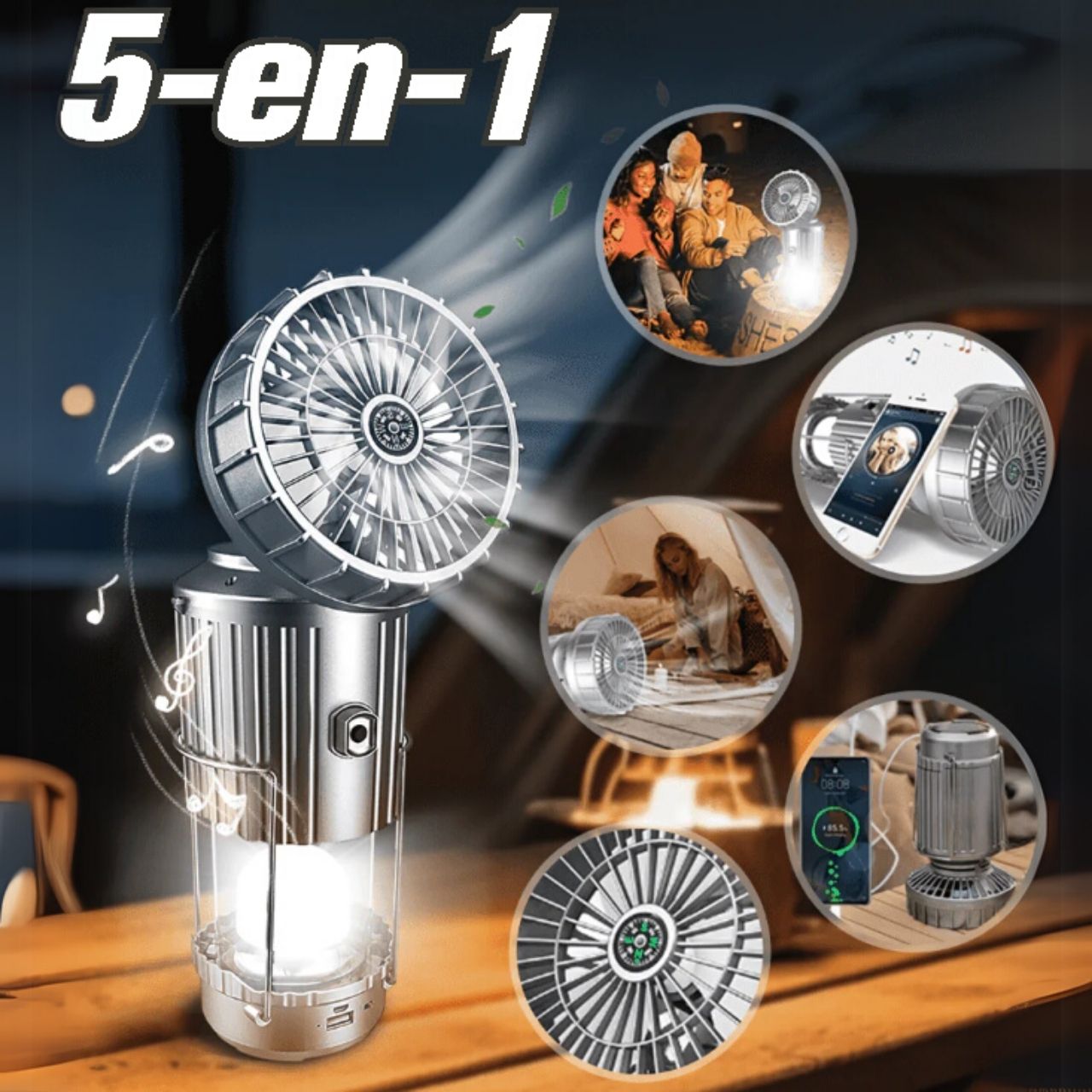 Lanterna oferă o lumină puternică, ventilatorul un efect plăcut de răcorire, iar difuzorul o atmosferă cu muzica ta preferată. Busola te va ajuta să îți găsești drumul, iar bateria îți va încărca telefonul sau alt dispozitiv.